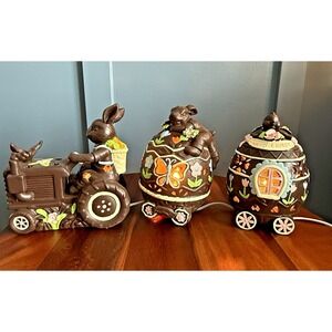 Easter Parade Chocolate Bunny Lighted Train Set Vintage Ceramic 3 Pc Spring Eggs
